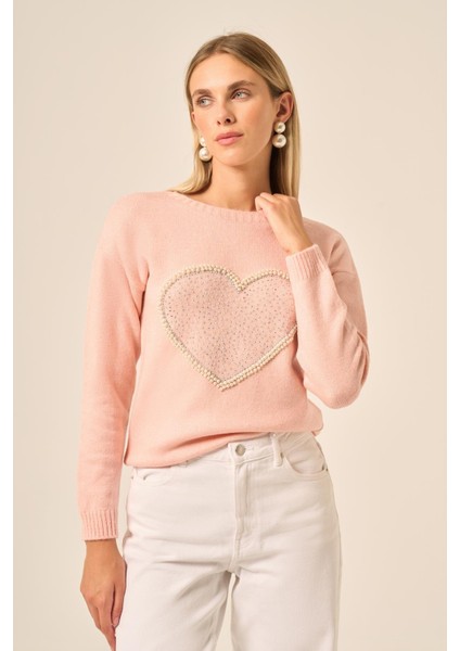 Kadın Kalp Detay Şardon Kazak Pudra 25214