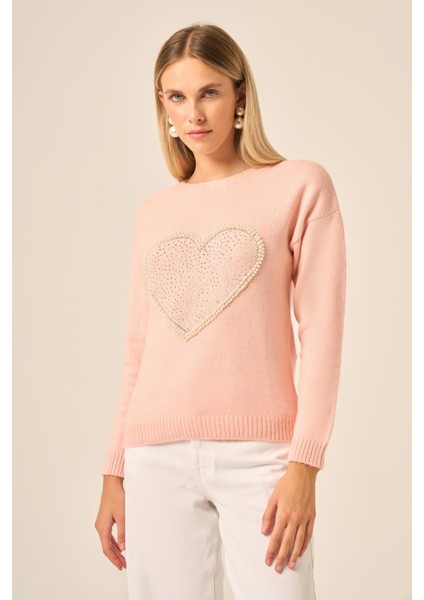 Kadın Kalp Detay Şardon Kazak Pudra 25214 fiyatları