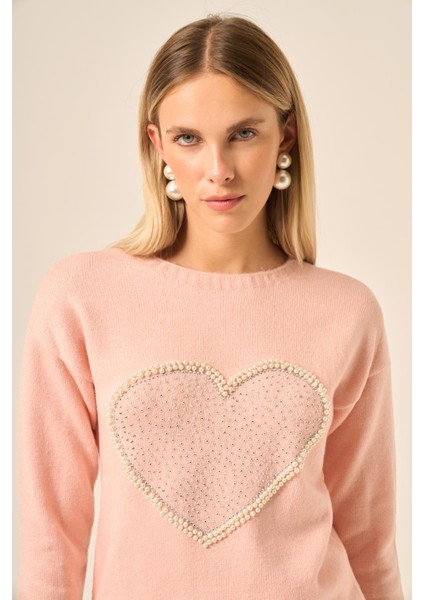 Kadın Kalp Detay Şardon Kazak Pudra 25214 fırsatları