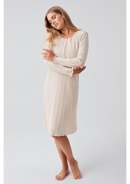 Uzun Kollu Düğmeli Ajurlu Esnek Pamuklu Kısa Gecelik 18107 modelleri