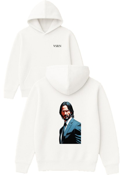 John Wick Uzun Tasarım Baskılı Oversize Beyaz Kapüşonlu Sweatshirt