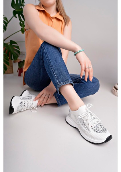 Kadın Bağcıklı Pullu Triko Poli Taban Spor Sneaker Ayakkabı-Beyaz