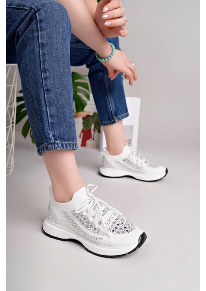 Kadın Bağcıklı Pullu Triko Poli Taban Spor Sneaker Ayakkabı-Beyaz fiyatları