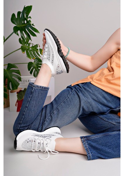 Kadın Bağcıklı Pullu Triko Poli Taban Spor Sneaker Ayakkabı-Beyaz modelleri
