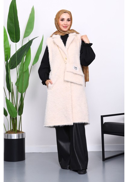 Krem Çanta Hadiyeli Angora Pelüş Kürk Yelek