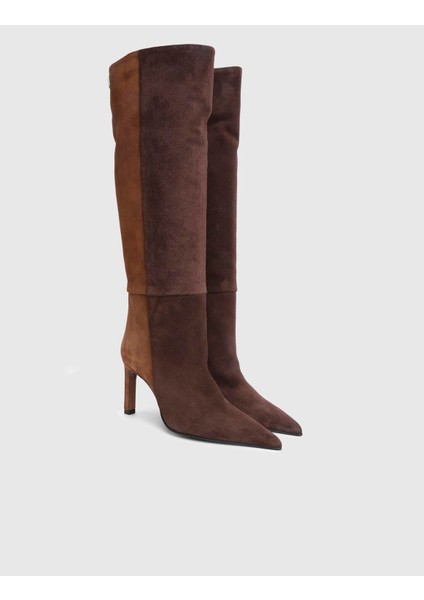 Erica Hakiki Süet Deri Kadın Kahverengi Topuklu Çizme