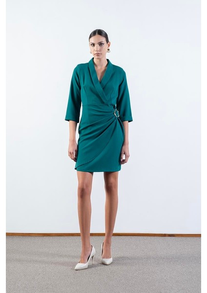 Crescenzo Şal Yaka Toka Detaylı Elbise Zümrüt