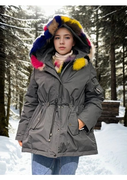 Kadın Su Geçirmez Kapüşonlu Mont - Füme