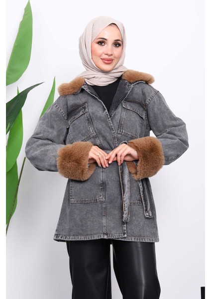 Füme Kol Yaka Kürklü Kot Ceket modelleri