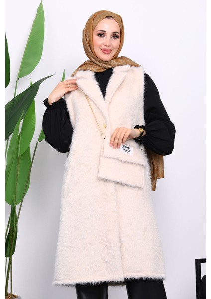 Krem Çanta Hadiyeli Angora Pelüş Kürk Yelek modelleri