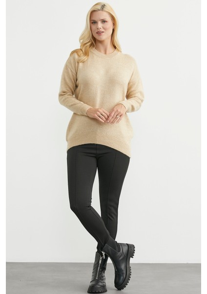 Oversize Önü Verev Triko Kazak - Karamel