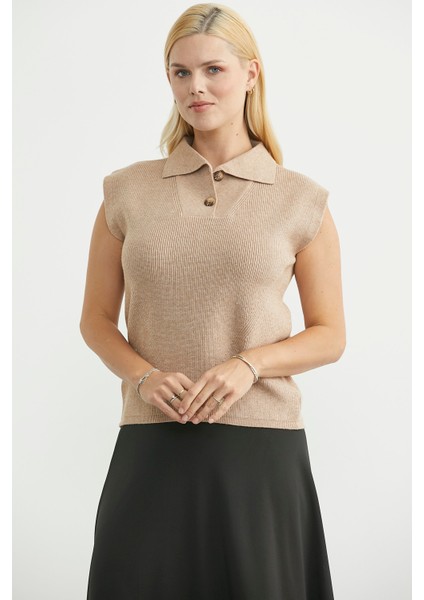 Şal Yaka Yarım Düğmeli Triko Süveter - Bej