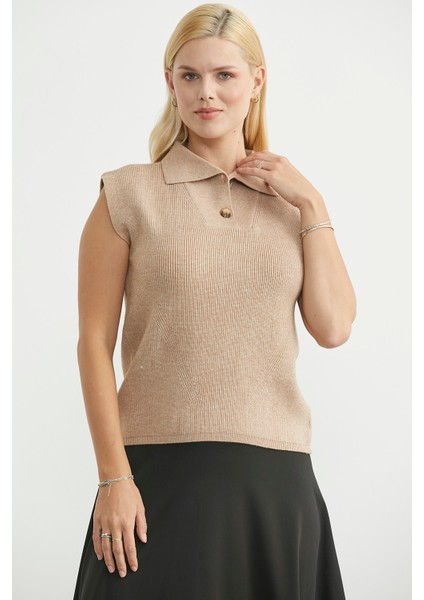 Şal Yaka Yarım Düğmeli Triko Süveter - Bej fiyatları