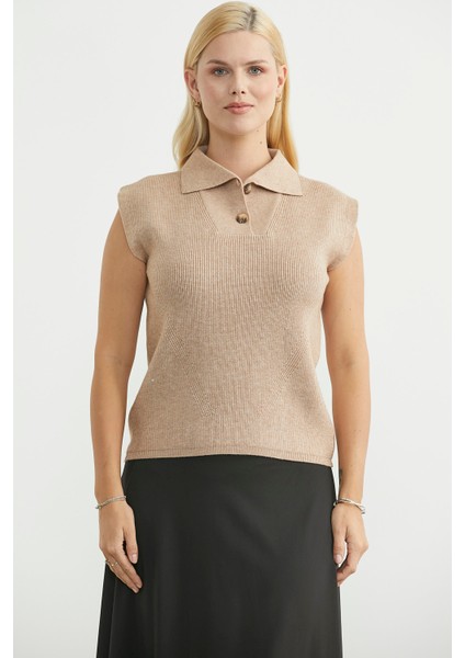 Şal Yaka Yarım Düğmeli Triko Süveter - Bej modelleri