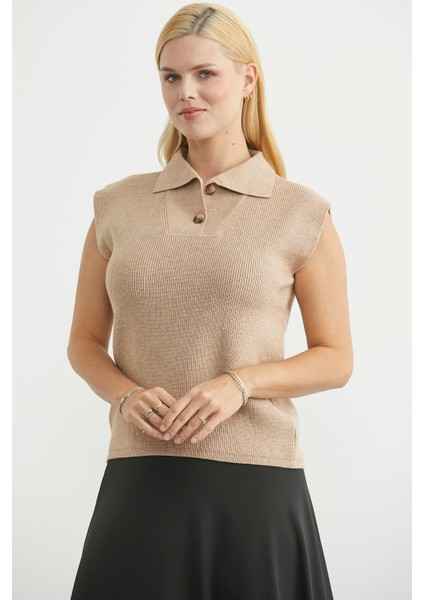 Şal Yaka Yarım Düğmeli Triko Süveter - Bej fırsatları