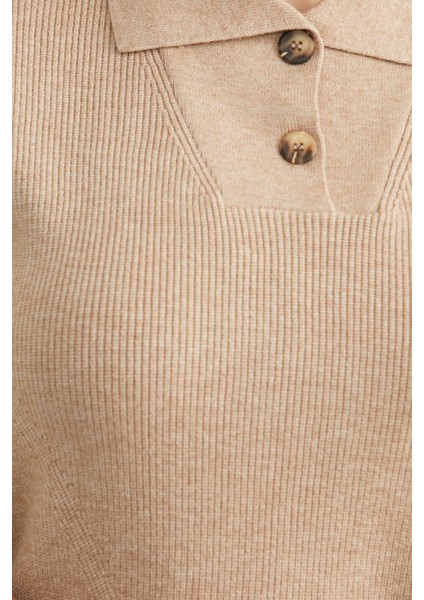 Şal Yaka Yarım Düğmeli Triko Süveter - Bej indirimleri