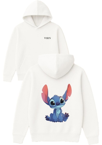 Şirin Canavar Tasarım Baskılı Oversize Beyaz Kapüşonlu Sweatshirt