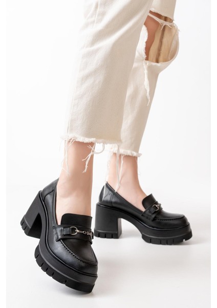 Kadın Cilt Tokalı 8 cm Yüksek Topuklu Leofer Siyah fiyatları