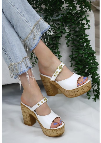 Kadın Mantar Topuklu Sandalet Terlik Beyaz