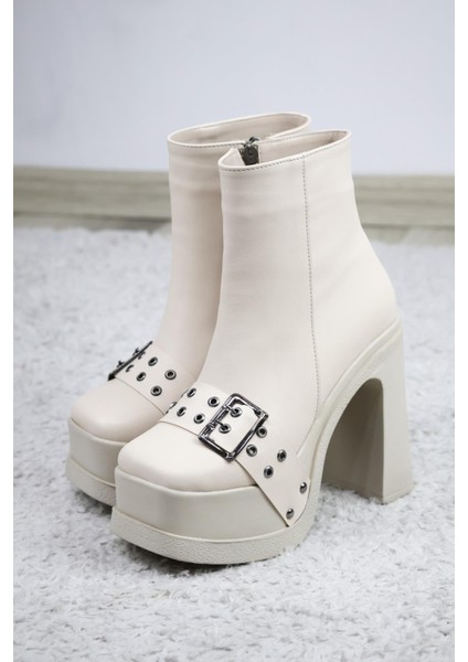 Kadın LATINA12 cm Platform Topuklu Fermuarlı Bot Krem modelleri
