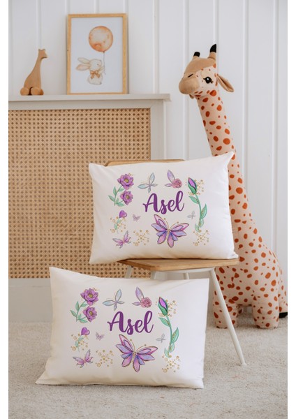 %100 Pamuk Isme Özel 2li Ekru Bebek Yastık Kılıfı 35X45 Cm-Çiçek Çemberi