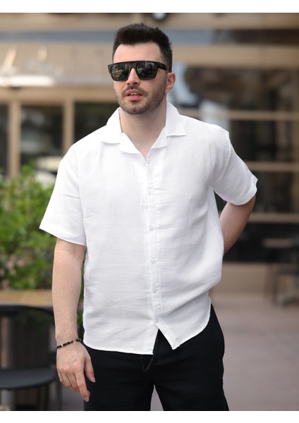 Erkek Relax Fit Kısa Kollu Keten Gömlek