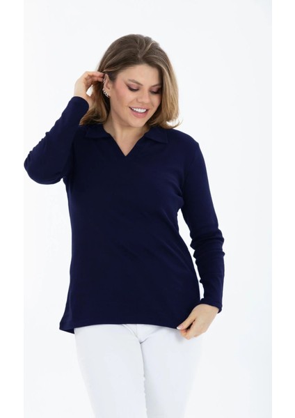 Curve Büyük Beden Pamuklu Likralı V Yaka Basic Düz Uzun Kol Lacivert Bluz