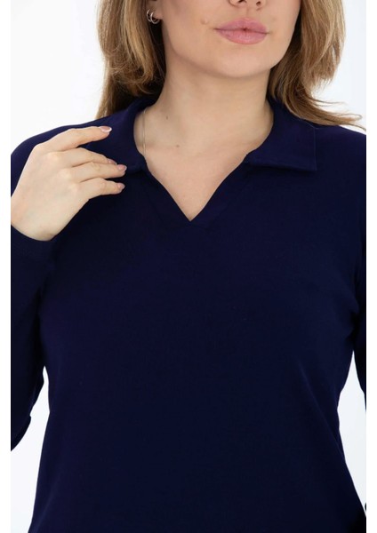 Curve Büyük Beden Pamuklu Likralı V Yaka Basic Düz Uzun Kol Lacivert Bluz fiyatları