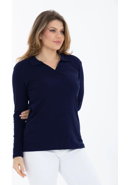 Curve Büyük Beden Pamuklu Likralı V Yaka Basic Düz Uzun Kol Lacivert Bluz indirimleri