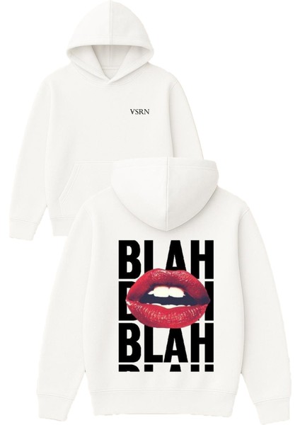 Blah Blah Tasarım Baskılı Oversize Beyaz Kapüşonlu Sweatshirt