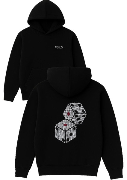 Zar Pırlanta Tasarım Baskılı Oversize Siyah Kapüşonlu Sweatshirt