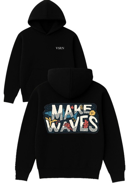 Make Wawes Tasarım Baskılı Oversize Siyah Kapüşonlu Sweatshirt