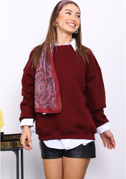 Mürdüm Bisiklert Yaka Üç İplik Sweat