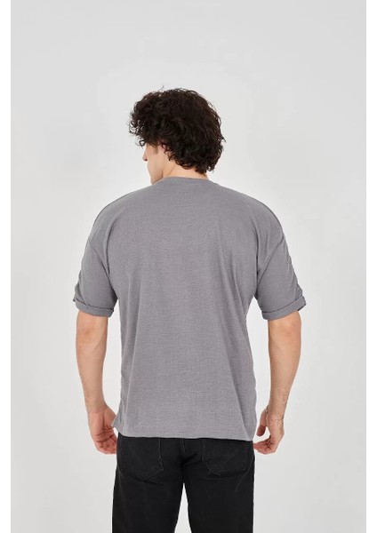Unisex Jakar Kumaş Rahat Kol T-Shirt - Gri modelleri