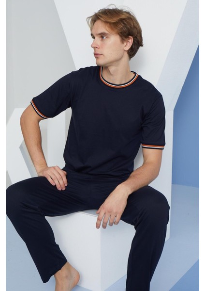 2090 Erkek Kısa Kol Bantlı Pijama Takım