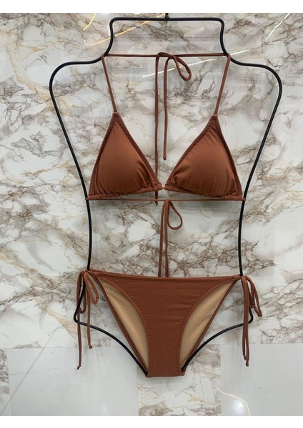 Kadın Likralı Yandan Boyundan Bağlamalı Şık Ipli Üçgen Bikini Takım