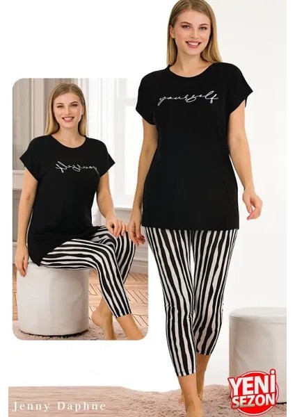 Lady Çizgili Tayt Kısa Kollu Kapri Pijama Takımı