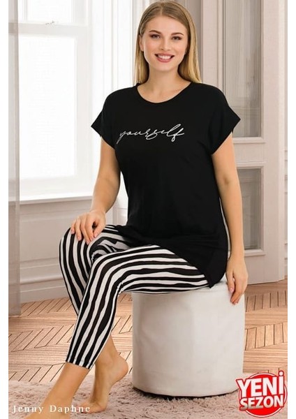 Lady Çizgili Tayt Kısa Kollu Kapri Pijama Takımı fiyatları