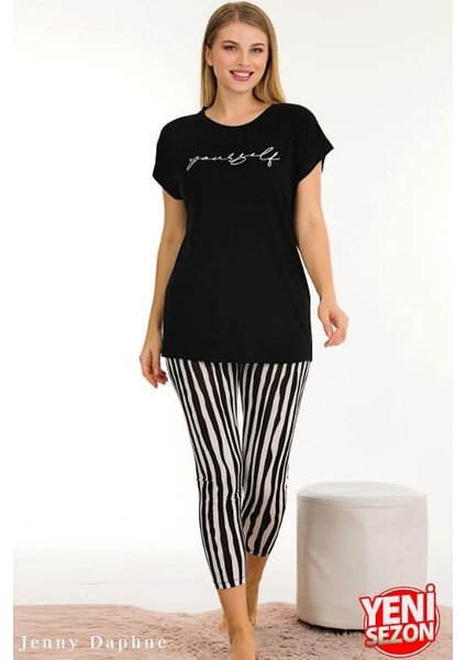 Lady Çizgili Tayt Kısa Kollu Kapri Pijama Takımı modelleri