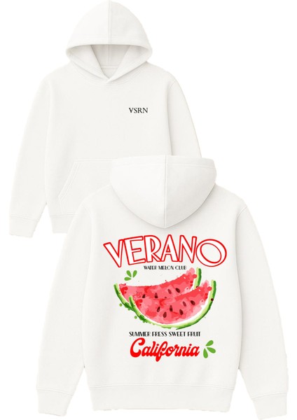 Verano Watermelon Tasarım Baskılı Oversize Beyaz Kapüşonlu Sweatshirt