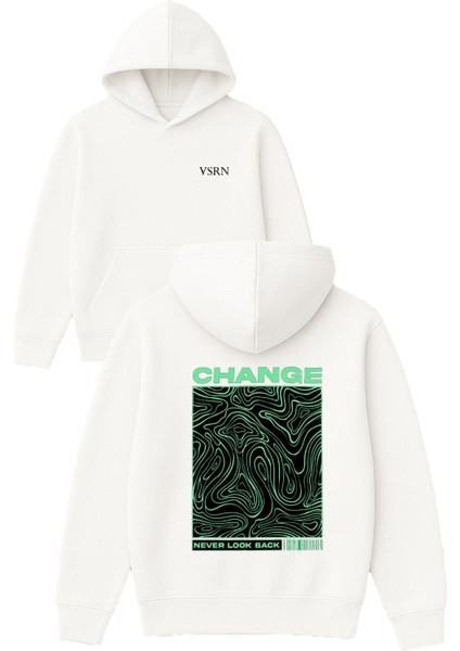 Yeşil Change Tasarım Baskılı Oversize Beyaz Kapüşonlu Sweatshirt