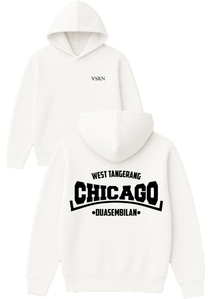 West Tangerang Chıcago Tasarım Baskılı Oversize Beyaz Kapüşonlu Sweatshirt
