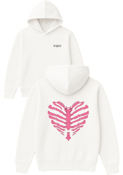 Kalp Kafesi Tasarım Baskılı Oversize Beyaz Kapüşonlu Sweatshirt