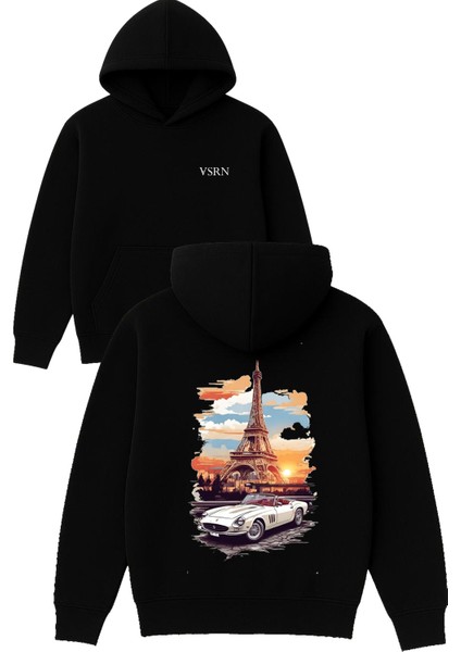 Paris Günbatımı Tasarım Baskılı Oversize Siyah Kapüşonlu Sweatshirt