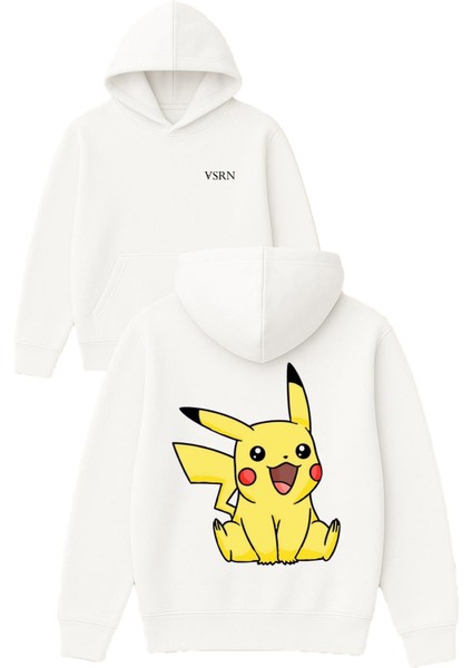 Elektrik Canavarı Tasarım Baskılı Oversize Beyaz Kapüşonlu Sweatshirt