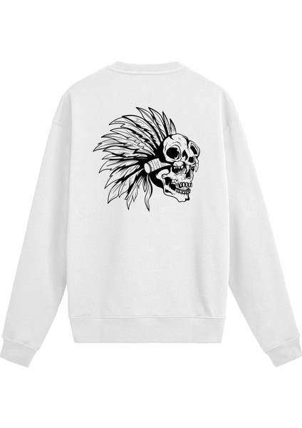 Sırt Baskılı Kurukafa Tüy Başlık Tasarımlı Sweatshirt