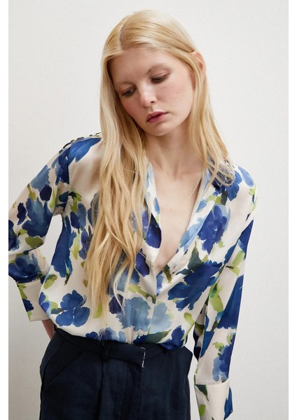 Kadın Uzun Kol Desenli Renkli Pamuk Saten Premium Kalite Spor Şık Gömlek