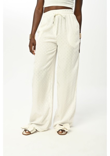 Kadın Beli Lastikli Bol Paça Desenli Ekru Pantolon