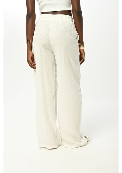 Kadın Beli Lastikli Bol Paça Desenli Ekru Pantolon modelleri