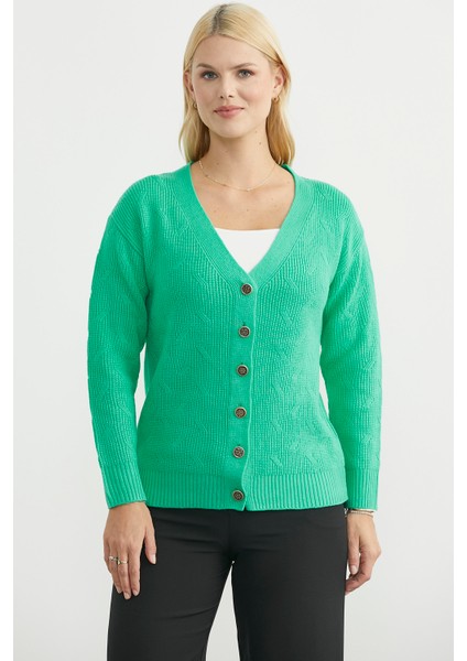 Metal Düğmeli Oversize Triko Hırka - Yeşil